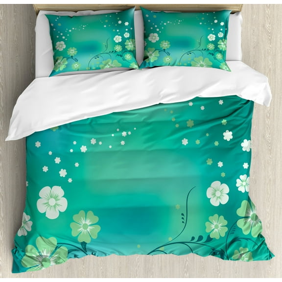 Green Flower Duvet Cover Set King Size, Magical Floral Arrangement Mystical Vibes Leaves Petals Swirls, Decorative 3 Piece Bedding Set with 2 Pillow Shams, Turquoise Pistachio White, by Ambesonne
