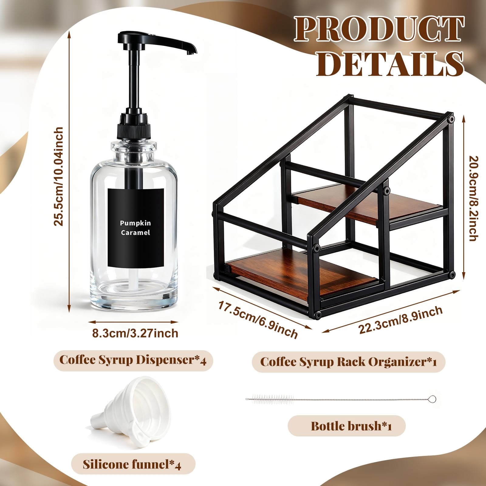 Coffee Bar Accessories  4 Pack 16.9oz/500ml Syrup Dispenser With 1/4oz Pump 2-tier Rack Organizer Labels Straw Brushes Funnels For Kitchen Countertop Wine Dressing Storage