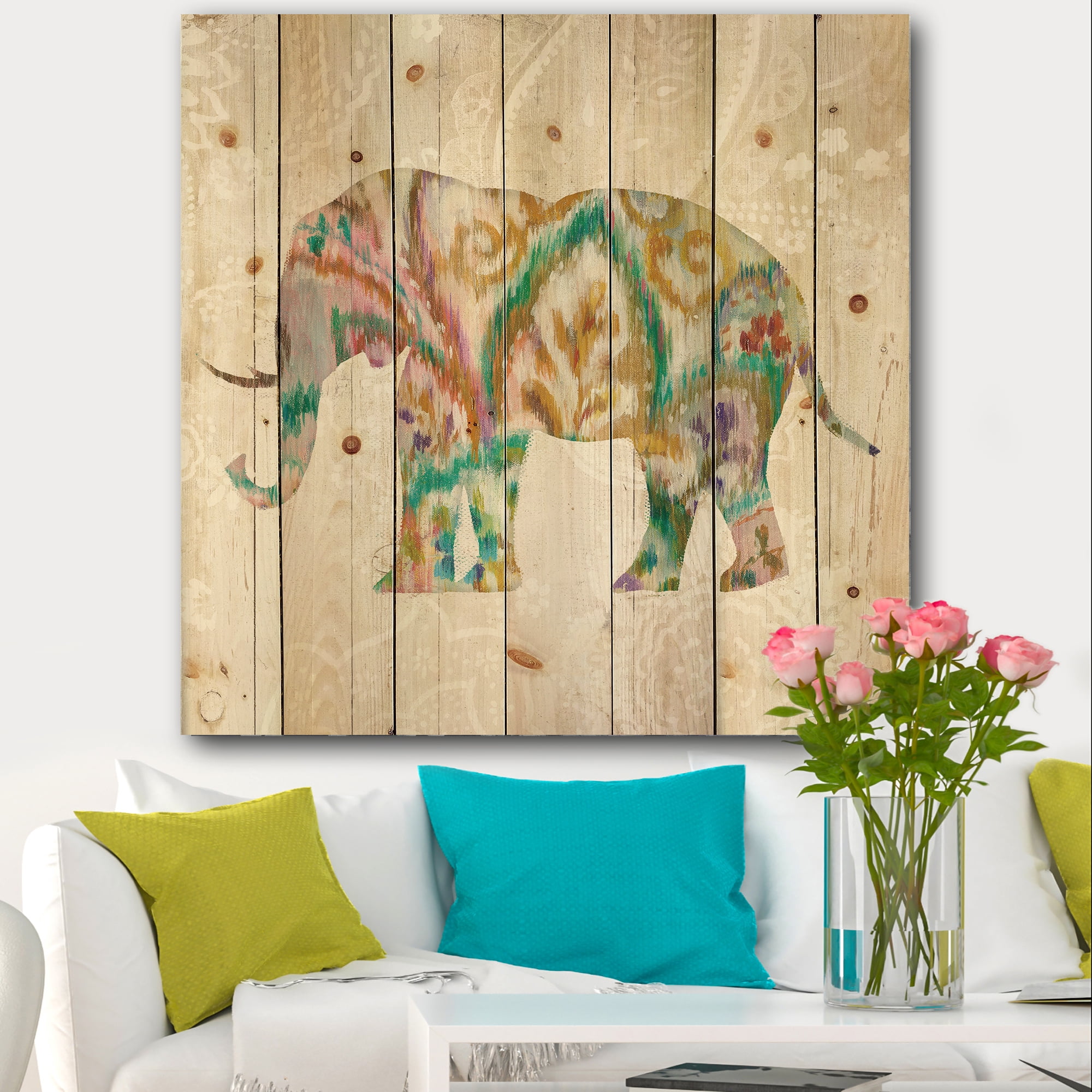 Designart 'Boho Paisley Elephant II vII' Bohemian & Eclectic Print on Natural Pine Wood