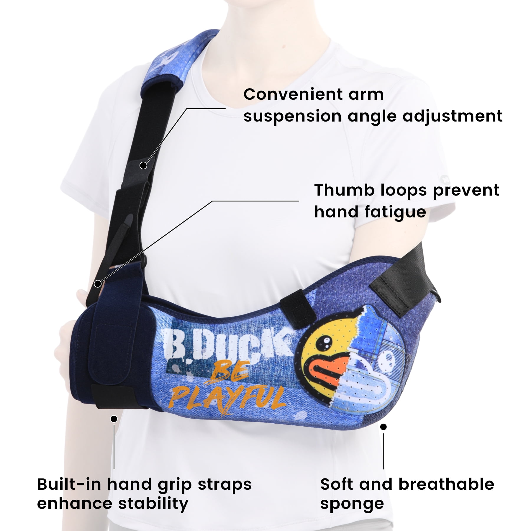 Velpeau Arm Sling with Waist Strap -Sponge Filled Holder Support Brace for Shoulder, Rotator Cuff, Elbow, Hand injury (Comfort-Duck Print, Left, Small)