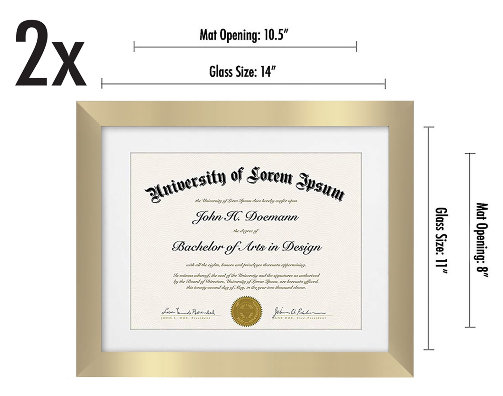 Americanflat 11x14 Diploma Frame with Mat for 8.5x11, MDF wood and shatter-resistant glass, Gold, 2 Pack