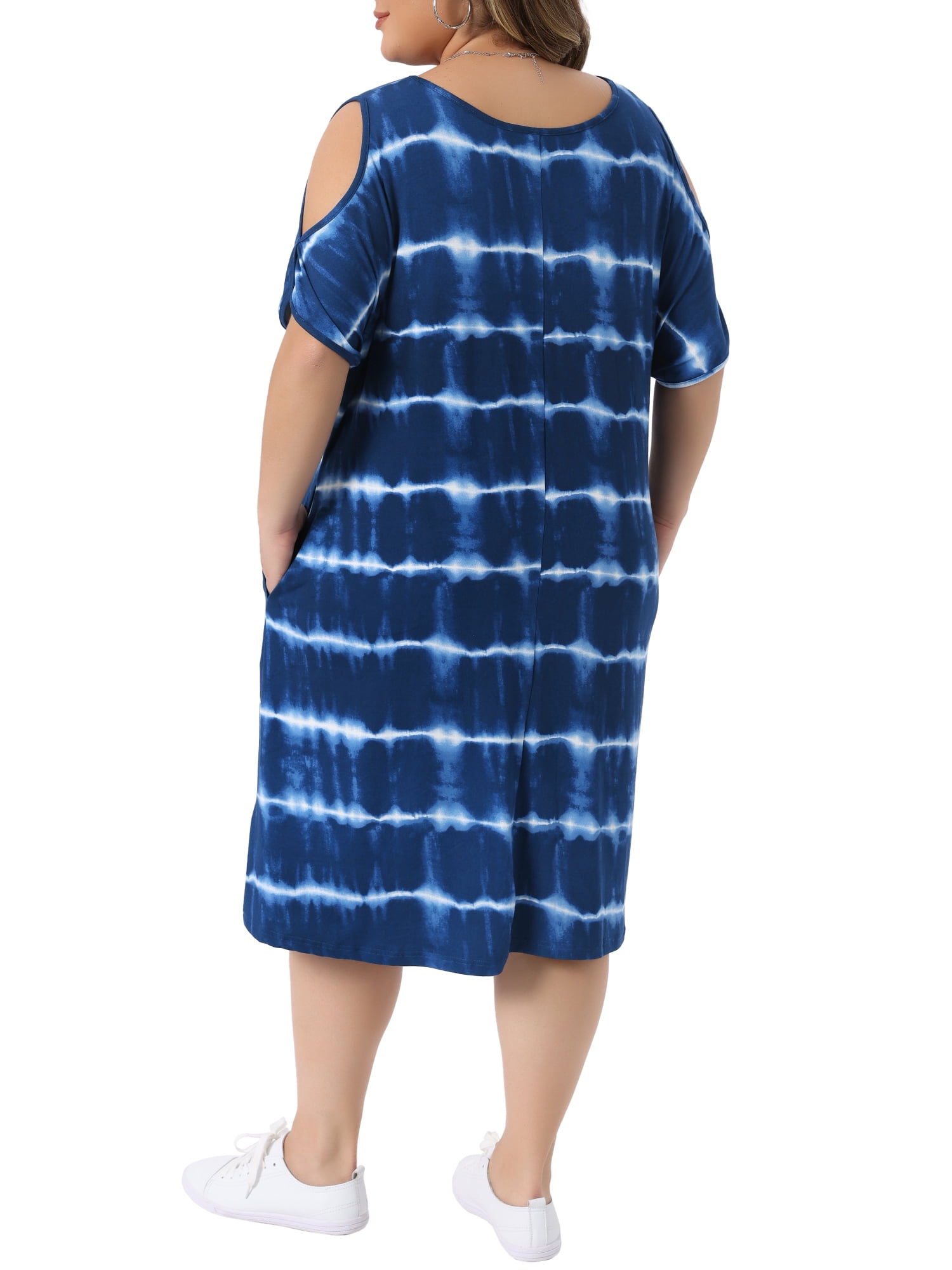 DARING DIVA Women's Plus Crew Neck Off Shoulder Loose Tie Dye Dress 2X Blue