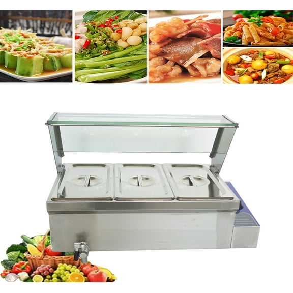 INTBUYING Food Warmer 3-Pan Commercial Buffet Food Soup Warmer Countertop Steam Table with Glass Guard