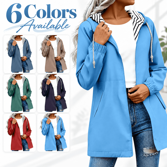 Women's Long Hooded Raincoat - Lightweight Zip Waterproof Rain Jackets - Outdoor Travel Hiking Jackets with Pockets
