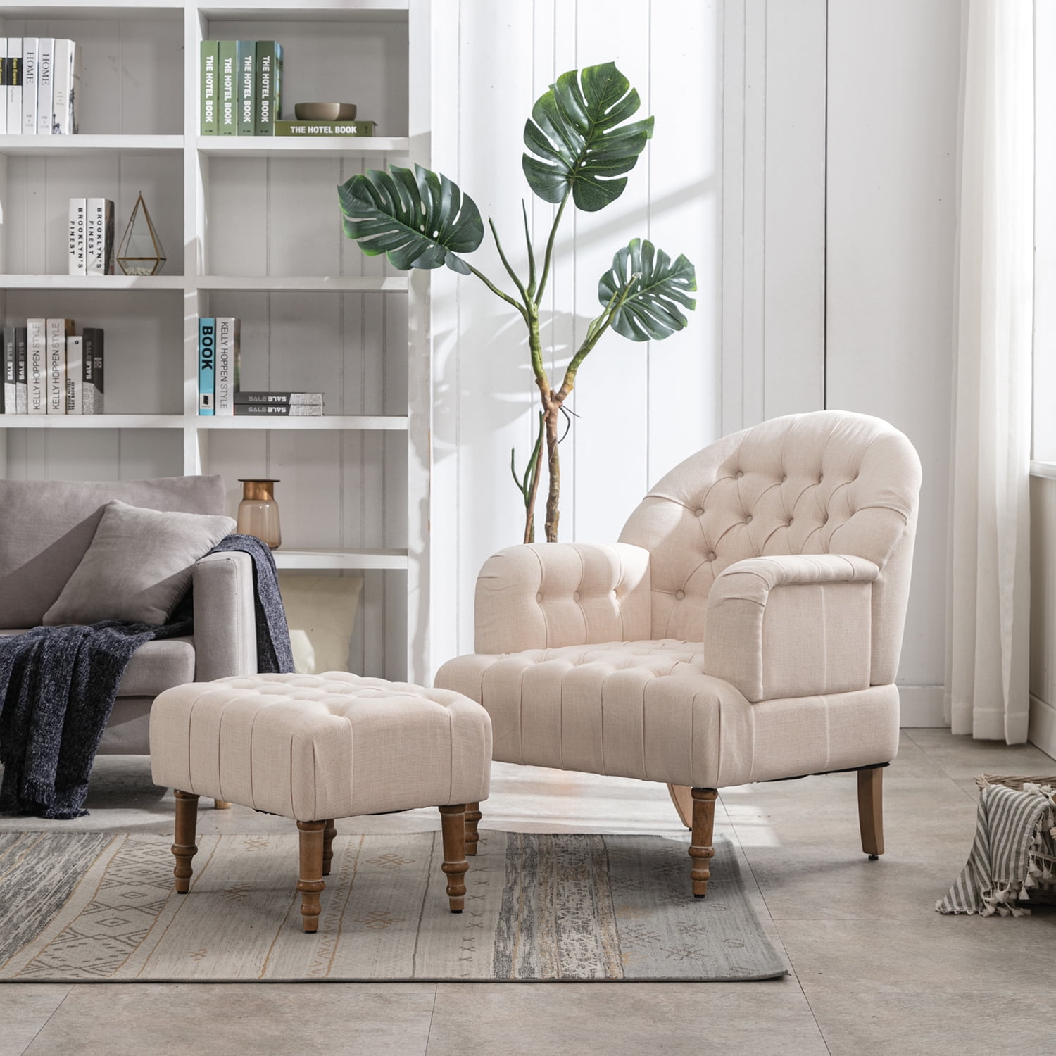 Kadyn Upholstered Chair Set, Mid Century Modern Chair with Ottoman, Button-Tufted Linen Living Room Chair for Living Room Bedroom, Beige