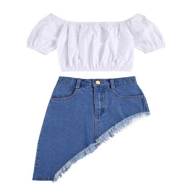 Toddler Girls Off Shoulder Crop Top Denim Jean Skirt Irregular Ruffle Hem