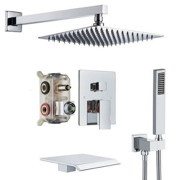 Chrome Shower Faucet Set System Rainfall Shower Head Combo with Mixer Valve Kit