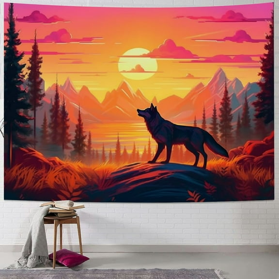 BCIIG Wolf Tapestry Sun Mountain Wall Tapestries Forest Tree Tapestry 80x60 Inches Vintage Aesthetic Nature Landscape Wild Animal Wolf Wall Blanket Poster for Bedroom Dorm Decor  40x30inch