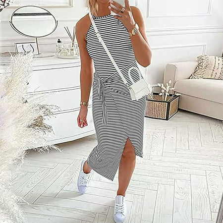 

jsaierl Women s New Fashion Halter Neck Sleeveless Striped Printing Leisure Dress for Women 2022