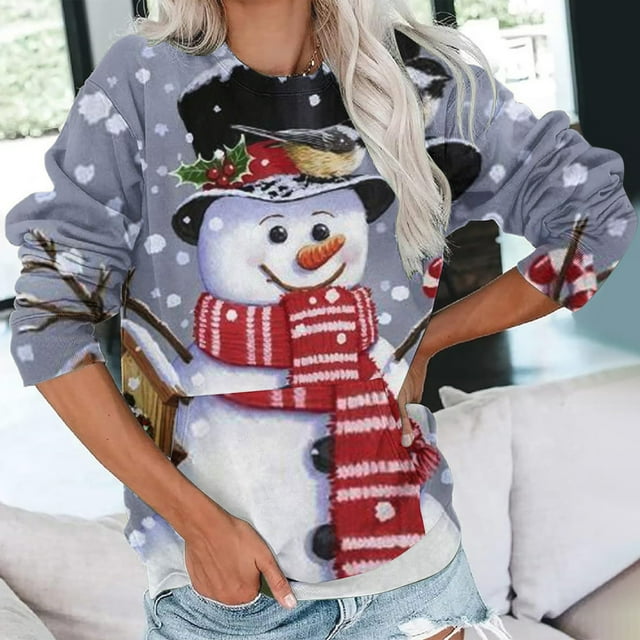 Joyeux Noël Chandail à Capuchon Mode Femme Imprimé de Noël Ample Col Rond Manches Longues Blouse avec Poche Chandails en Molleton Grande Taille pour Femmes en Liquidation