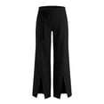 thumbnail image 5 of Womens Solid Color Cotton Tie Detail Elastic Waist Split Front Straight Leg Pants Casual Pocket Slit Hem Long Trousers Black L(L), 5 of 6