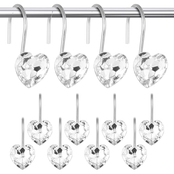 12 Pcs Clear Heart Shower Curtain Hooks, Rustproof Stainless Steel Decorative Rings for Bathroom Rod