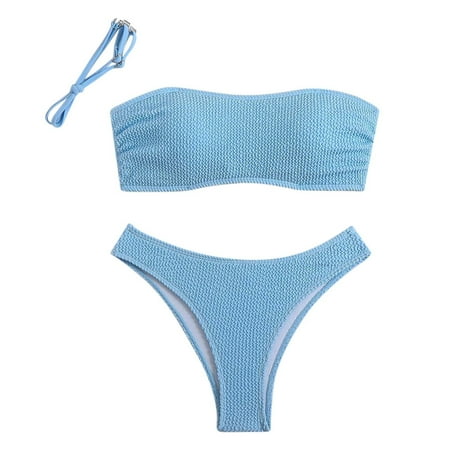 ZQGJB Women s Two Piece Bandeau Swimsuit Ribbed Solid Color Strapless Tube Bikini Top with Mid Waist Cheeky Bottom Bathing Suit(Light Blue M)
