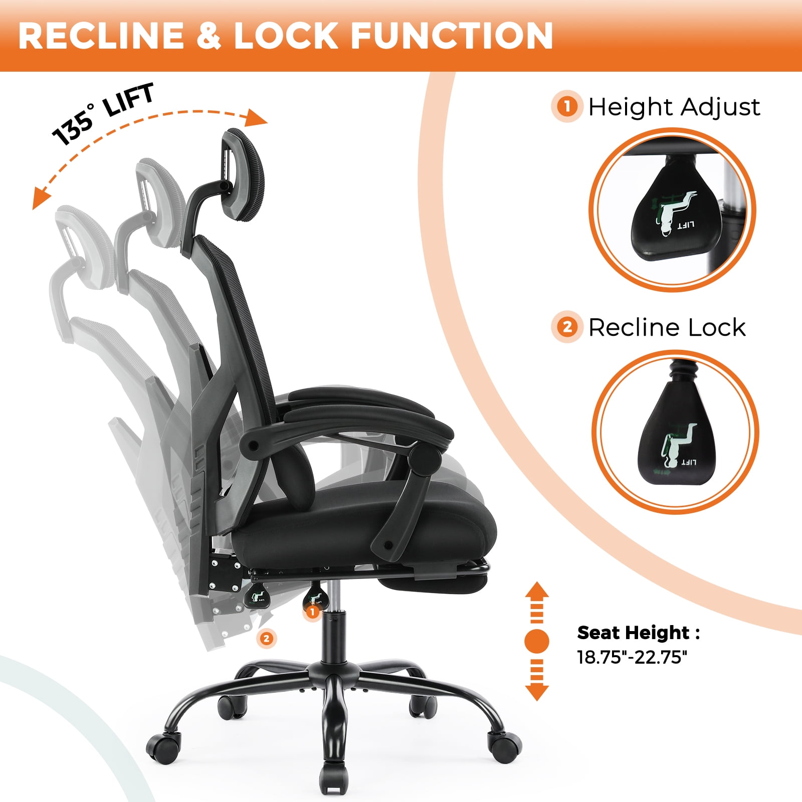 MCQ Ergonomic Mesh Office Chair, High Back Home Swivel Chairs with Adjustable Lumbar Support, Headrest, Footrest, and Armrests, Black