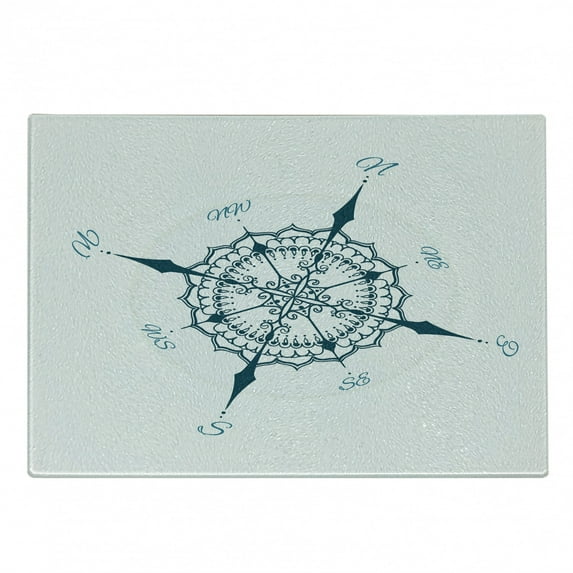 Compass Cutting Board, Hand Drawn Windrose Floral Arrangement Design Compass Boating Theme Print, Decorative Tempered Glass Cutting and Serving Board, Small Size, Cream Dark Green, by Ambesonne