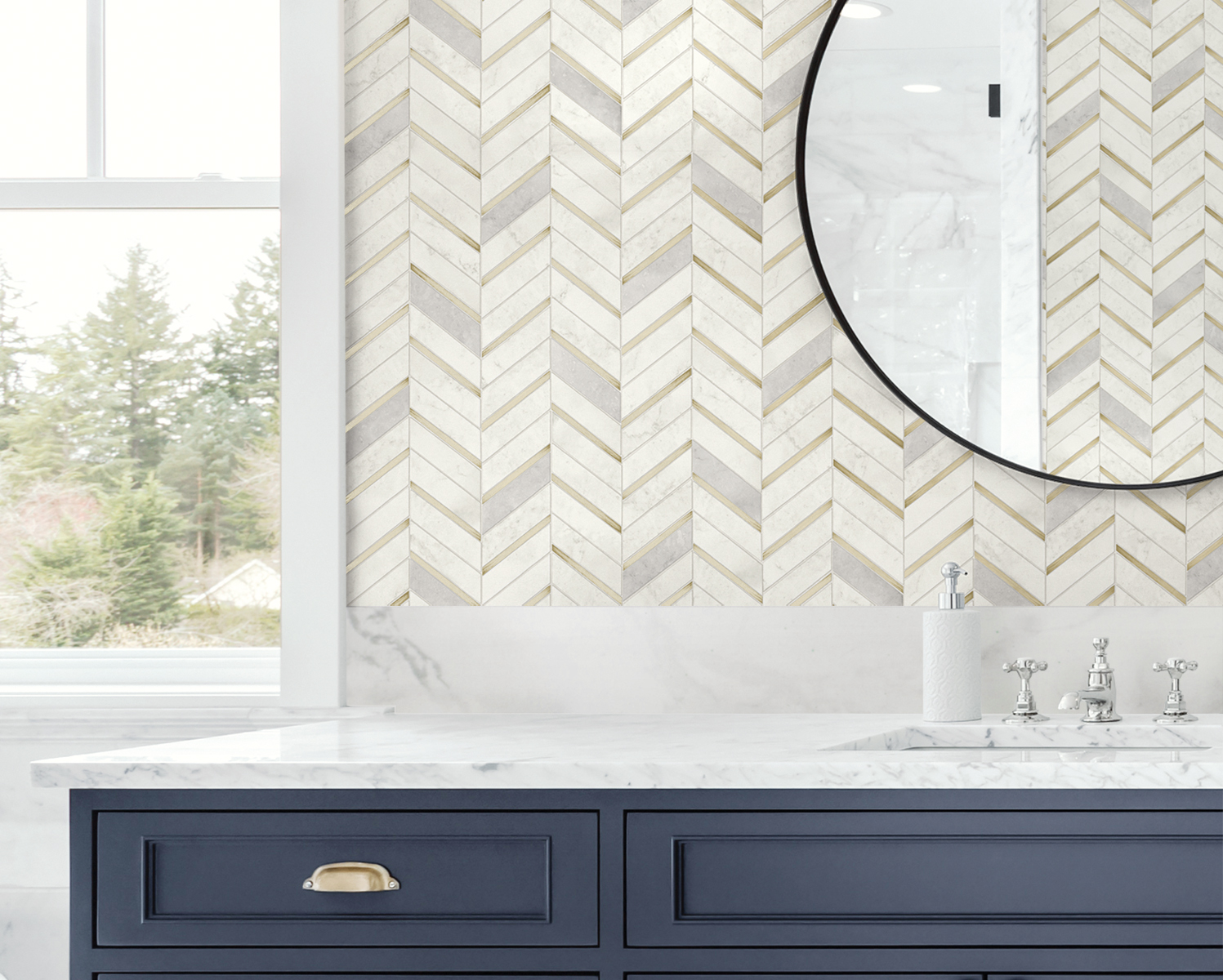 NextWall Metallic Gold & Pearl Gray Chevron Marble Tile Peel and Stick Wallpaper