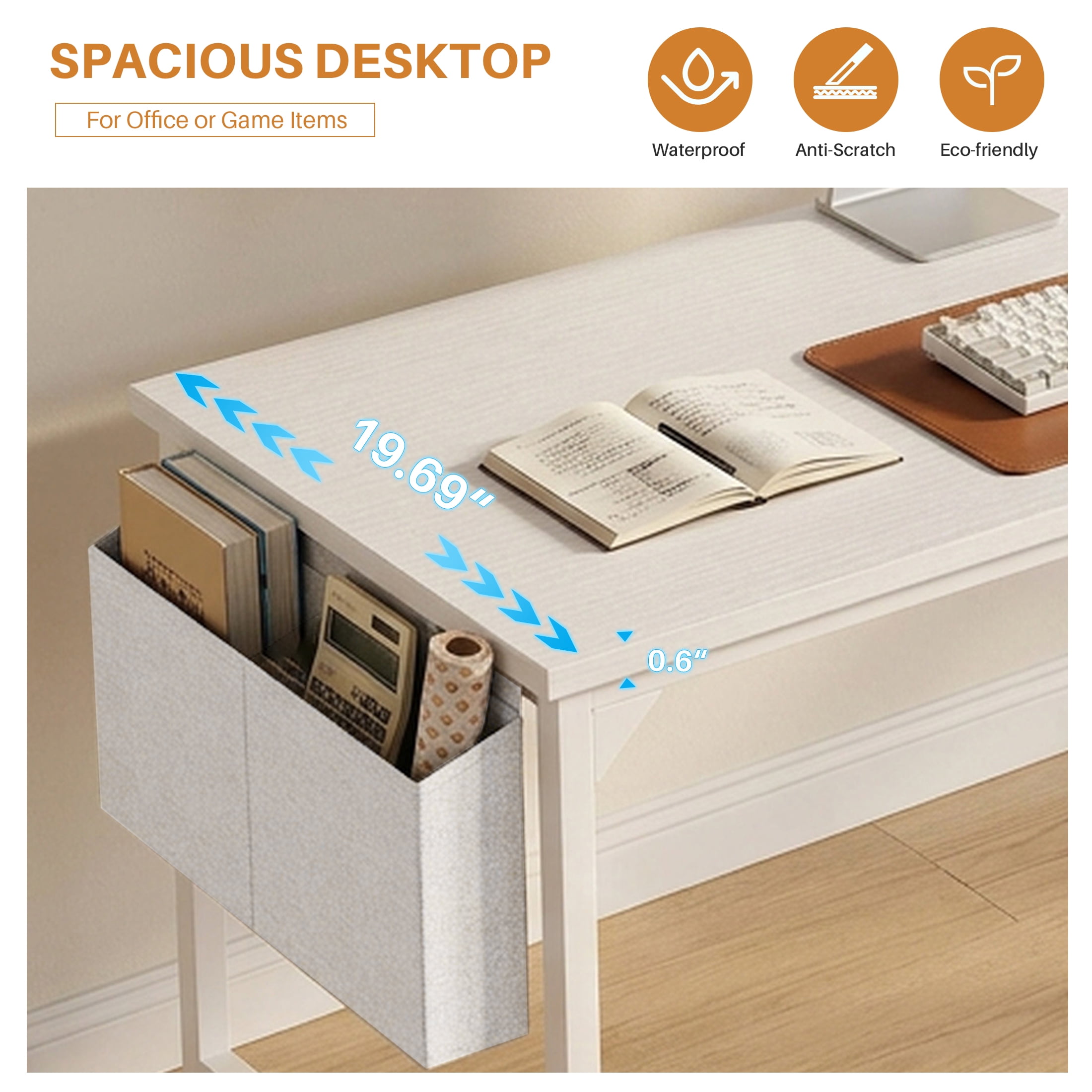 edx 63" Home Office Desk, Computer Desk with Storage Bag & Hook, Waterproof Top & Metal Frame, Modern Simple Study Writing Table for Bedroom, White