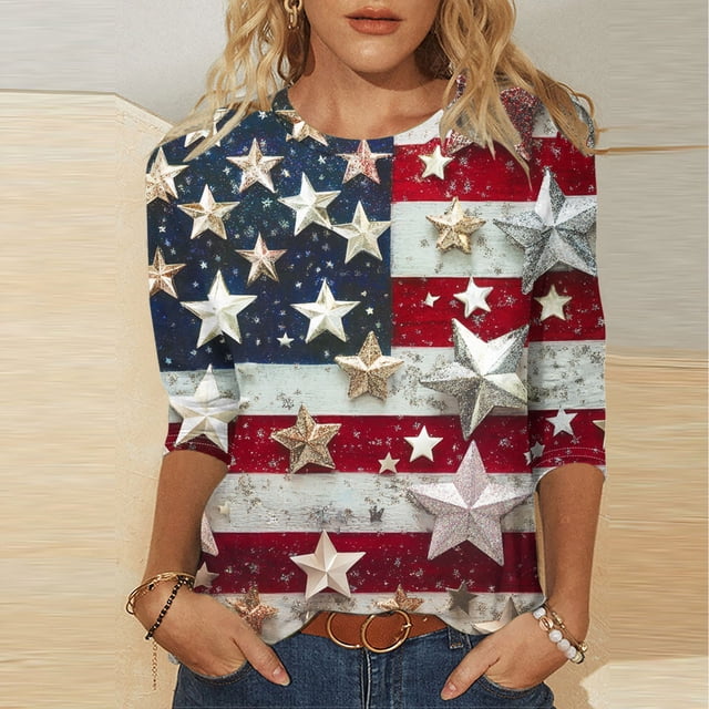 Weiqiqre Hauts d'Été pour Femmes T-Shirts du 4 Juillet pour Femmes Manches 3/4 T-Shirt Grande Taille Col Rond Hauts en Coton Doux