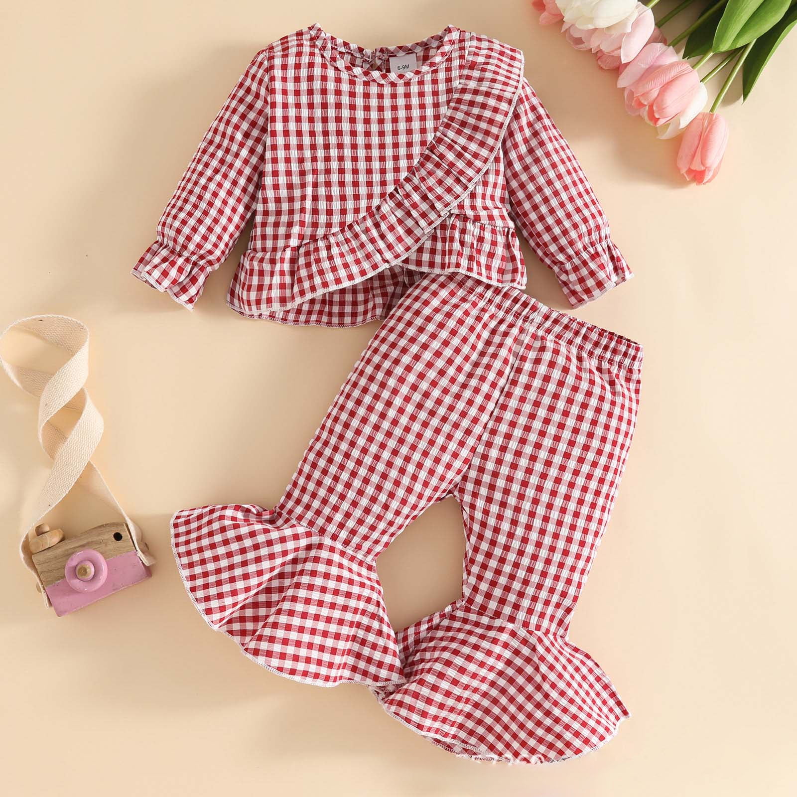 Leey-World Baby Girl Clothes Baby Girls Long Sleeve Ruffle Bodysuit Pants Headband Infant Outfit Toddler Winter Spring Clothes Set 3 Pcs Baby Girls' Clothing(Red,6-9 Months)