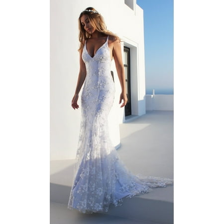 - Wedding Dresses For Women Sexy V-neck White Lace Dress Spaghetti Strap Sleeveless Evening Party Dress Long Formal Dresses