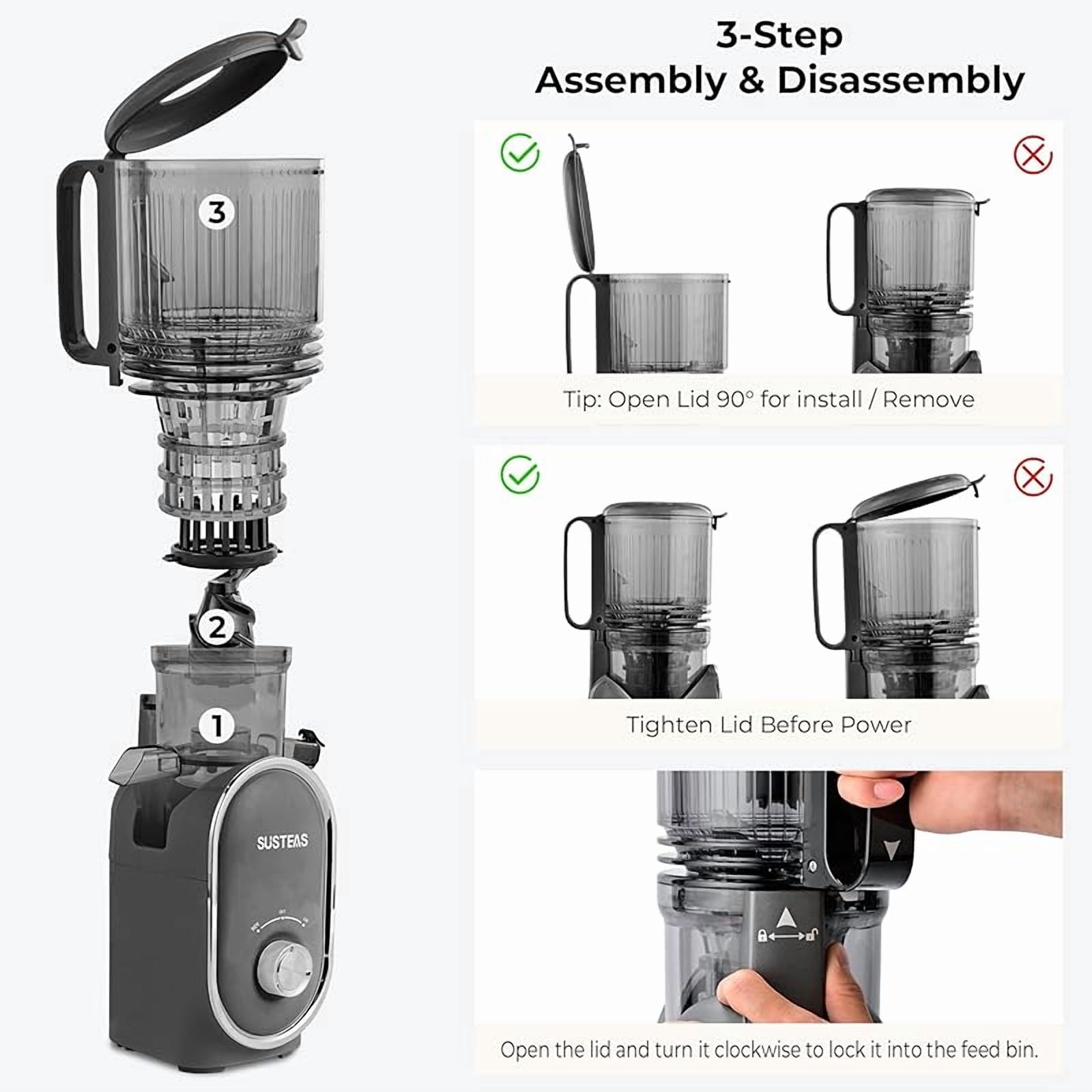 SUSTEAS Cold Press Juicer Machines, 5.3" Feed Chute(50oz Capacity), 300W Slow Masticating Juice Extractor for Whole Fruits and Vegetables, Automatic Feed, Easy to Clean, High Juice Yield,Silver gray