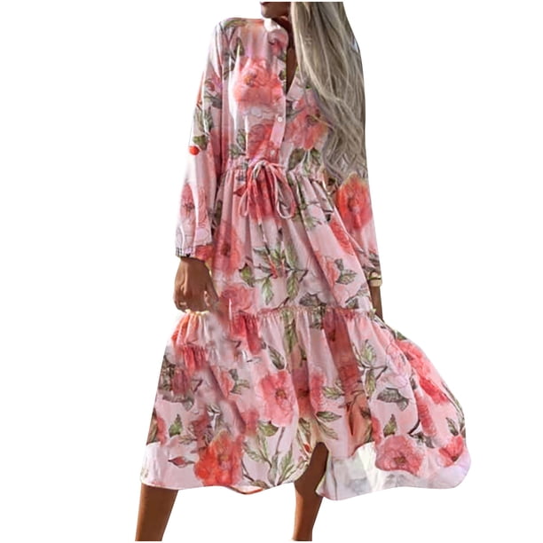 Moda mujer vendaje pliegue manga larga causal estampado floral vestido largo Fridja yut4017