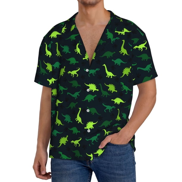 Fotbe Dinosaurs Camisa Estampada de Manga Corta para Hombre, Casual de Verano, Estilo Playero, Sin Arrugas-Small