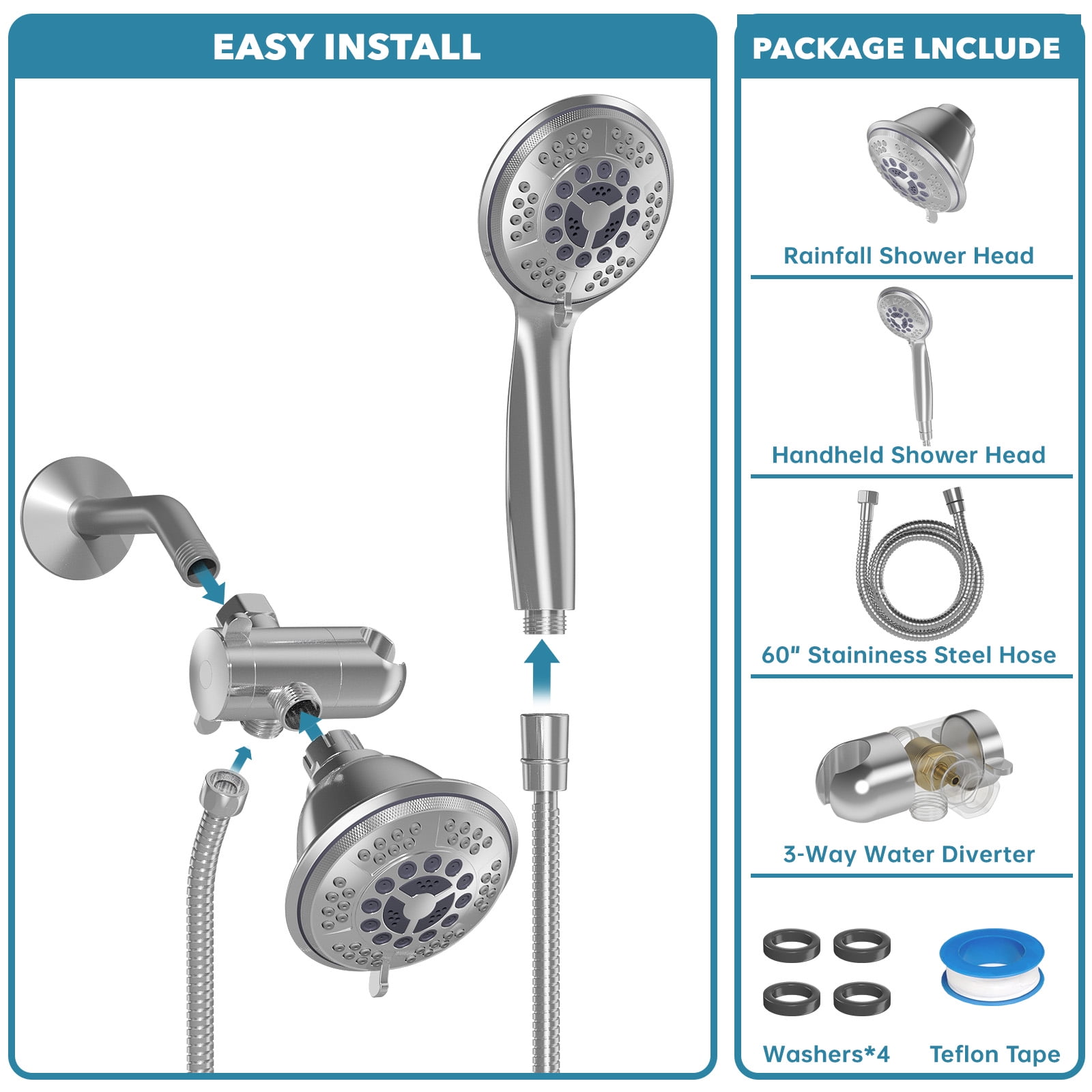 Cshidworld Premium High Pressure Dual Shower Head, 3-Way Rainfall Combo, 5 Spray Handheld Shower Head and 5 Spray Rain Showerhead with 60” Stainless Steel Hose Separately or Together, Chrome