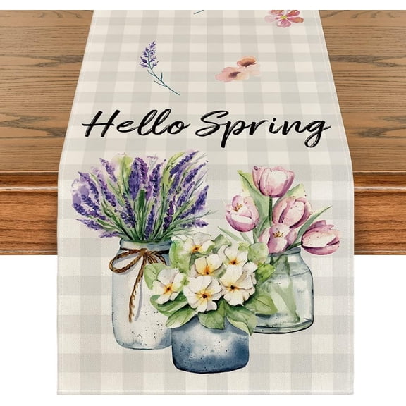 Buffalo Plaid Lavender Vase Hello Spring Table Runner, Easter Summer Seasonal Anniversary Holiday Kitchen Dining Table Decoration for Indoor Outdoor Home Party Decor 13 x 72 Inch