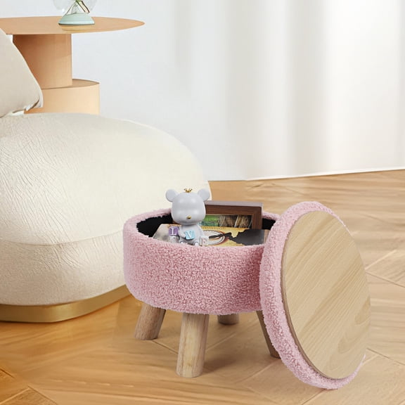 Small Round Ottoman with Storage, Boucle Teddy Velvet Footstool with Wood Legs, Soft Sponge Ottoman Foot Rest for Living Room, Bedroom, Entryway, Pink
