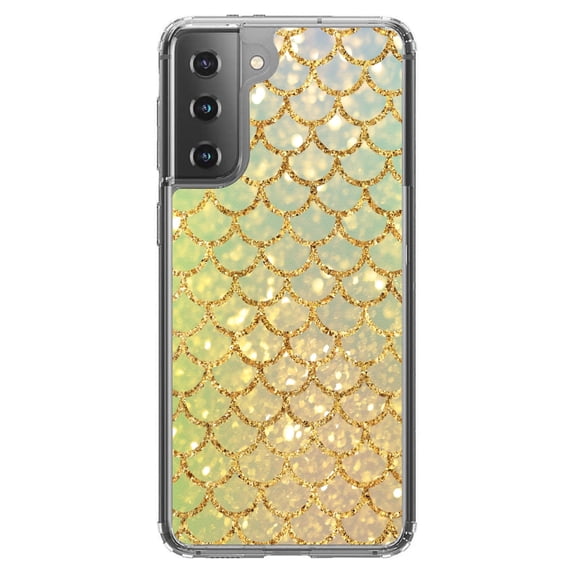 DistinctInk Clear Hybrid Case for Samsung Galaxy S21 Plus (6.7" Screen) - Gold Green Mermaid Scales - Shockproof Protection