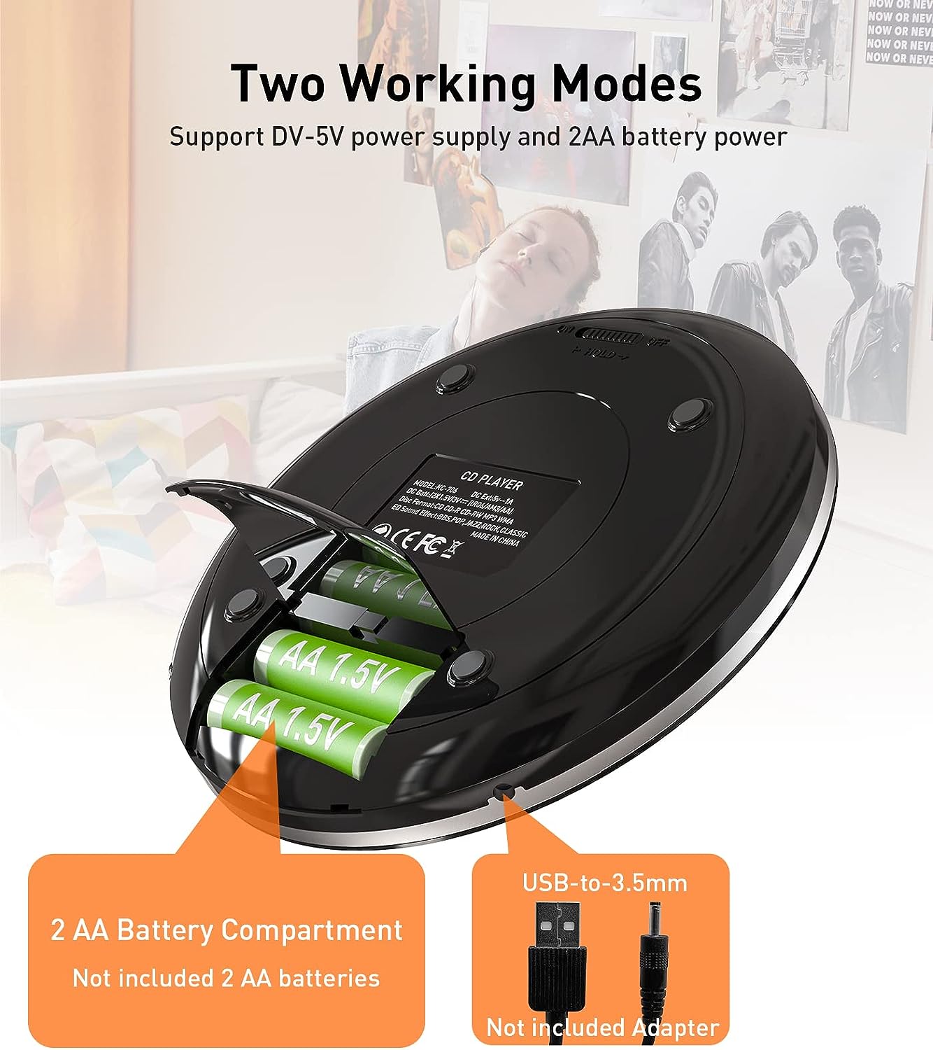 Portable CD Player, Small Music CD Player Walkman for Kids/Seniors with Anti-Skip and Shockproof, Personal Compact Disc Player with Headphones for Home Travel and Car-Black
