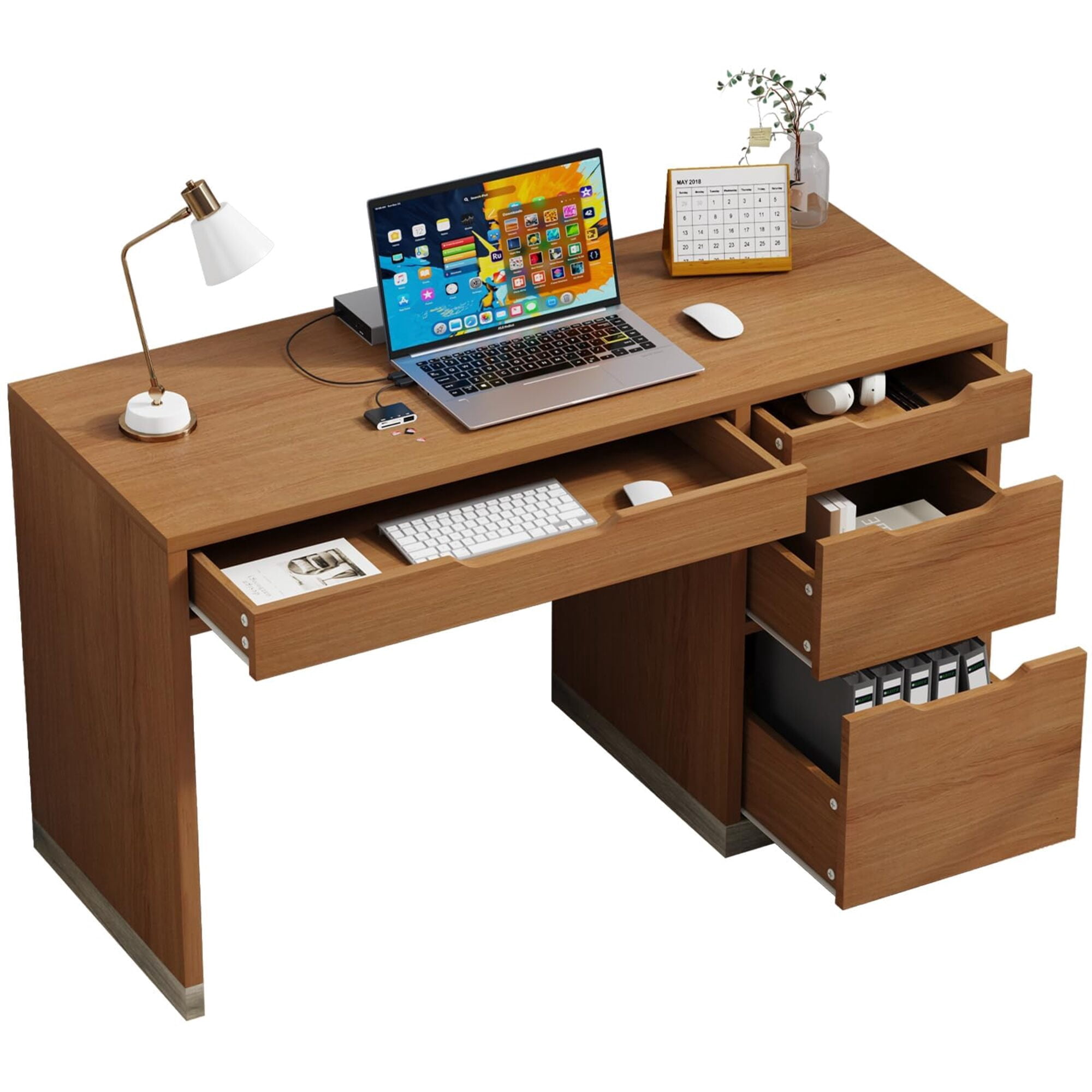 52 Inch 4-Drawer Computer Desk (Brown Finish), Home Office Desk with Multi-Size Drawers & Spacious Tabletop, Small Space-Friendly Solid Wood Desk for Bedroom/Study