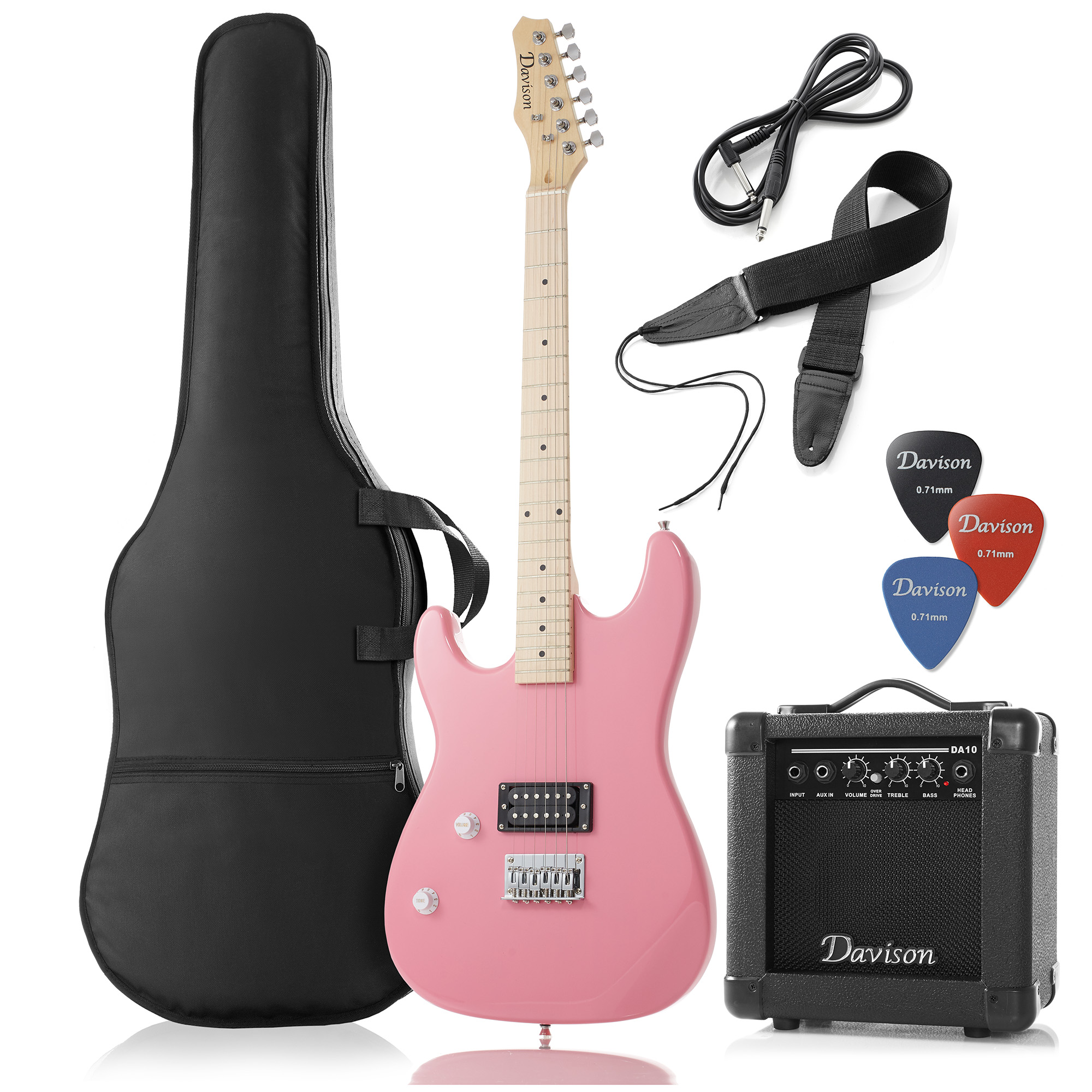 pink electric guitar with amp