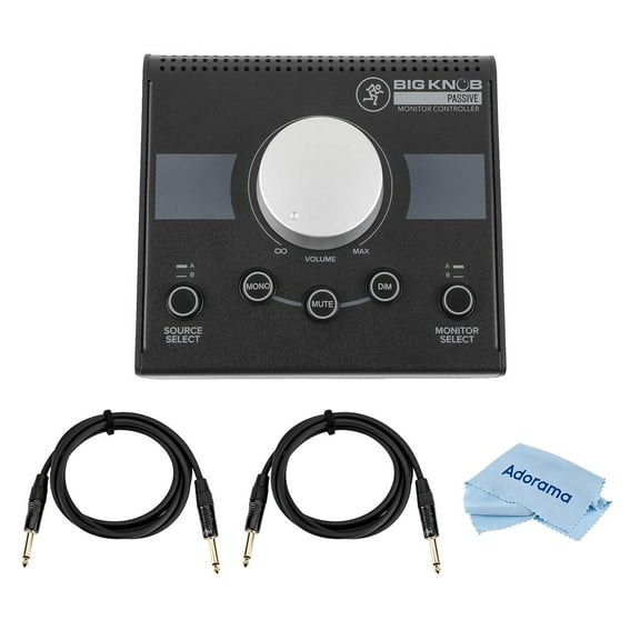 Mackie Big Knob Passive 2x2 Studio Monitor Controller - Bundle With 2x 6' 1/4" TRS to 1/4" TRS Balanced Instrument Cable, Fiber Optic Cleaning Cloth