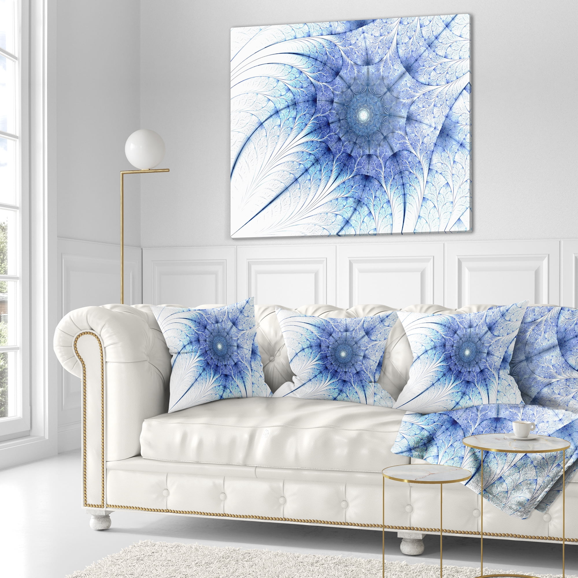Designart Symmetrical Blue Fractal Flower on White - Abstract Throw Pillow - 16x16