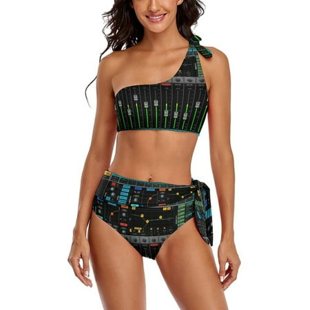 Mixing Console One Shoulder Bowknot Swimsuit Two Piece Swimsuit Knot Crop Top Bikini High Waisted Bathing Suit