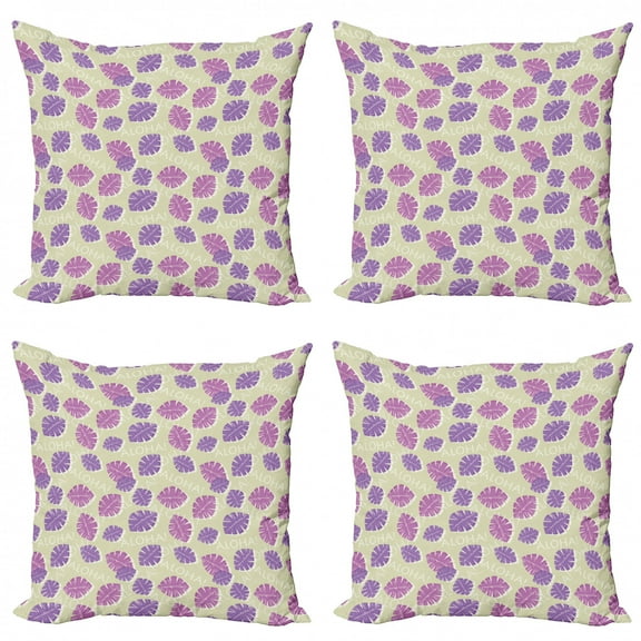 Ambesonne Aloha Throw Pillow Cover 4 Pack, Leaves Pattern Grunge Style, 16", Lavender Lilac