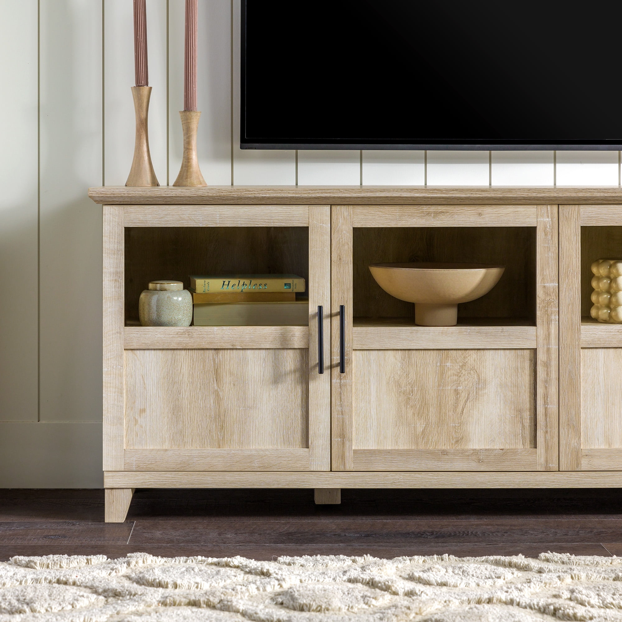 Walker Edison Farmhouse 4 Door TV Stand for TVs Up to 80", White Oak