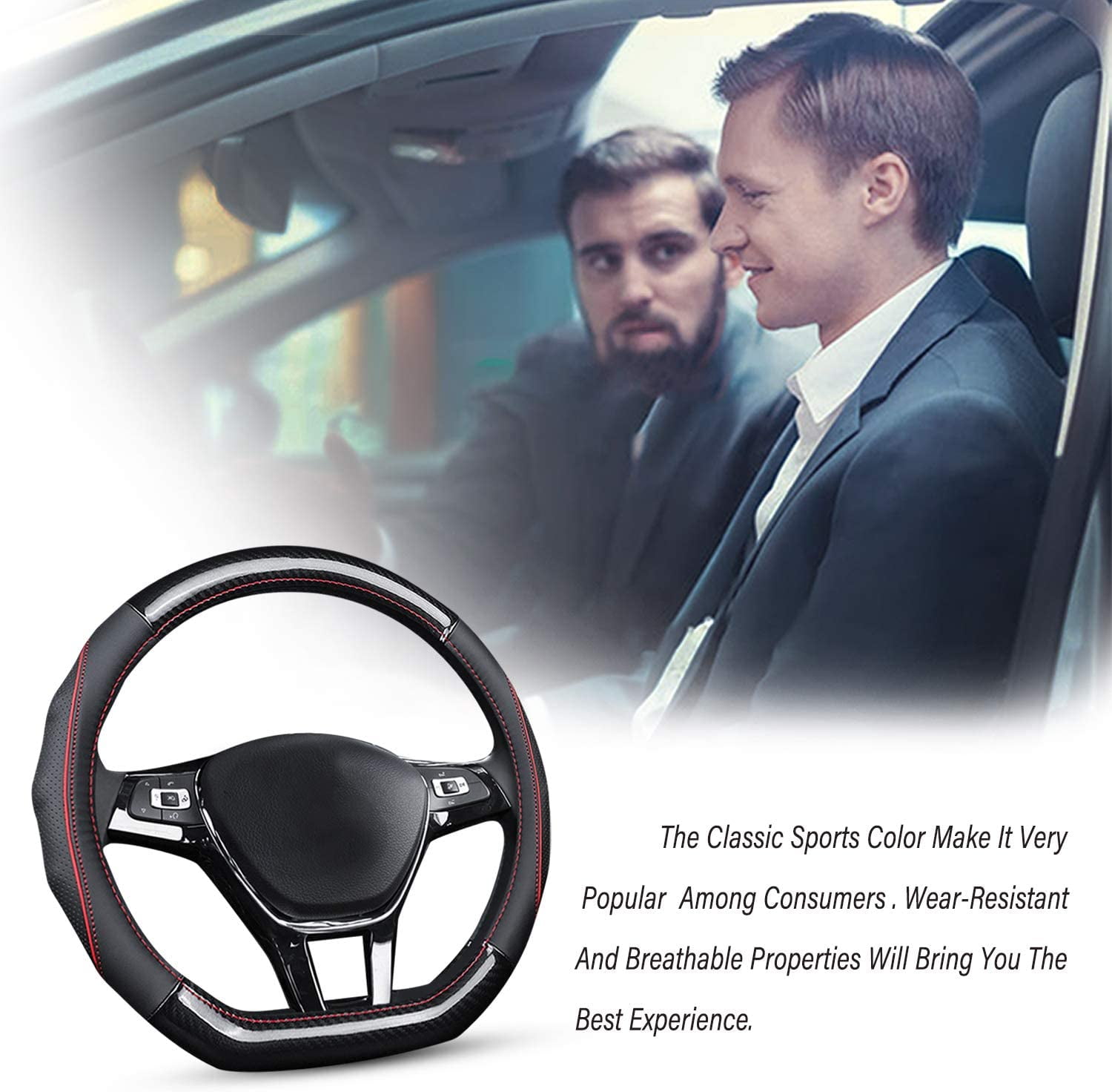 D-Shape Car Steering Wheel Cover Non-Slip Car Steering Wheel Protector Universal for Diameter 38cm, Black