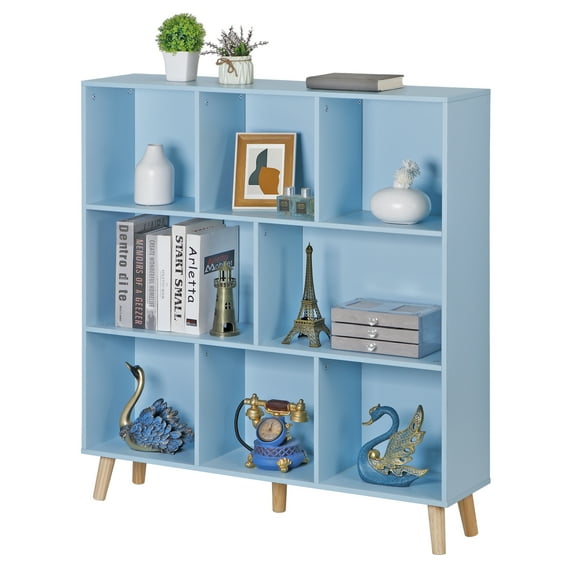 SKTPI 8 Cube Storage Shelf Bookcase - Wooden 3-Tier Floor Standing Open Bookshelf for Home and Office, Display Cabinet, Light Blue