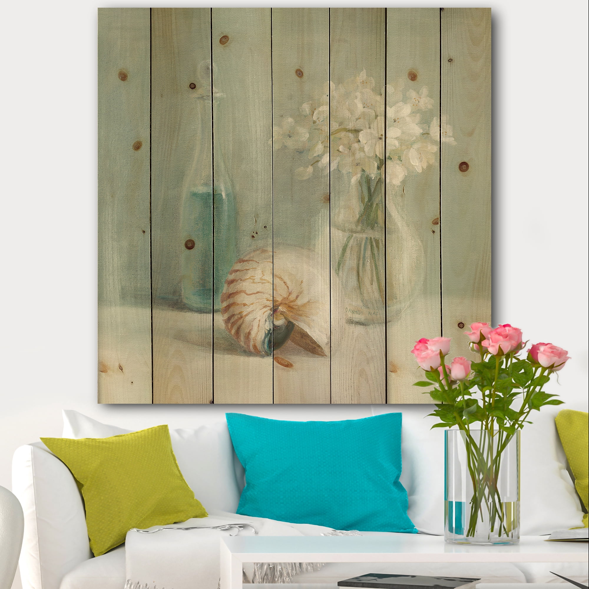 Designart 'Pastel Bath Accessories IV' Farmhouse Print on Natural Pine Wood