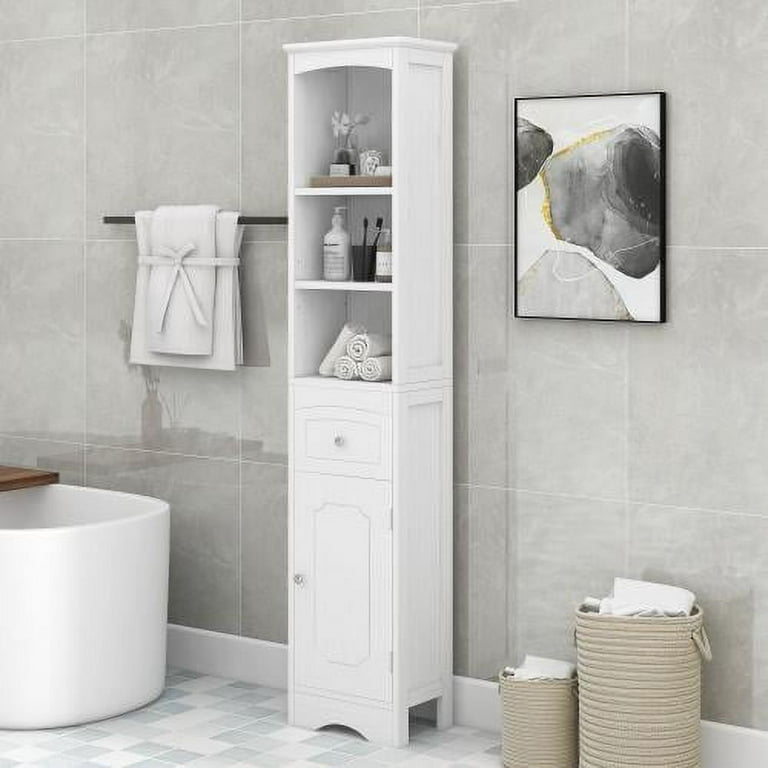 White Bathroom Tower Cabinet, Open and Concealed Shelves Linen