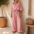 thumbnail image 5 of Womens Striped Set 2 Piece Outfits 3/4 Puff Sleeve V Neck Top and Drawstring High Waist Palazzo Pants, L, 5 of 6