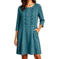 thumbnail image 2 of Noric Women's 3/4 Sleeve Mini Dresses Embroidered Loose Fit Summer Casual with Pockets Solid Color Shift Dress, 2 of 6