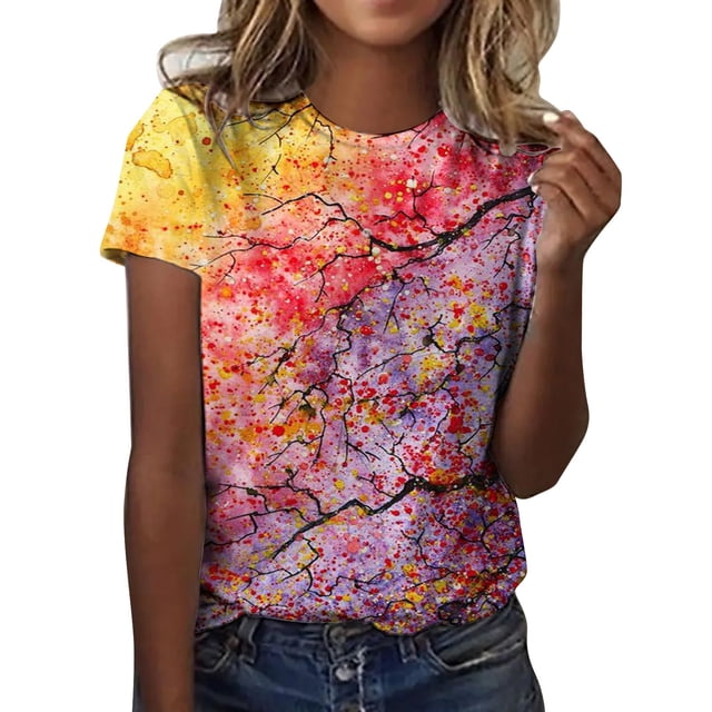 YDLCAFD T-Shirt Femme Mode Été Décontracté Imprimé Fleuri Manches Courtes Col Rond Pull Tops