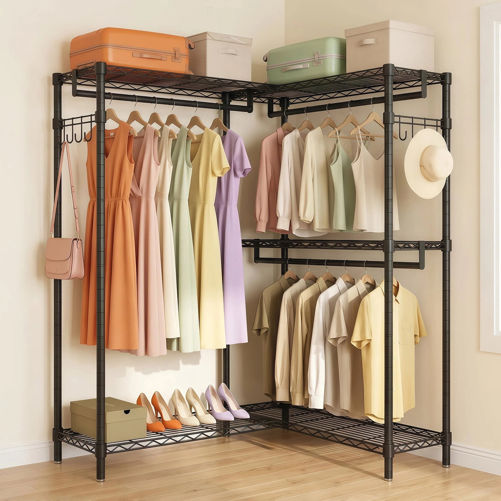 L-Shaped Corner Garment Rack, Heavy Duty Carbon Steel Clothing Rack with 3 Hanging Rods, 5 Shelves & Side Hooks, Adjustable Freestanding Clothes Organizer