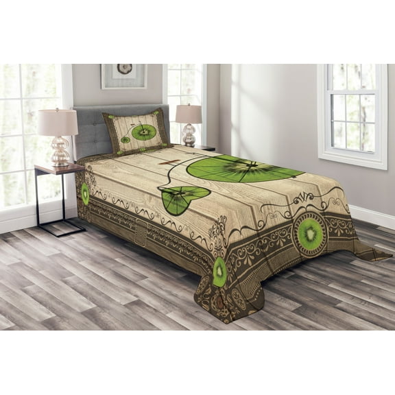 Ambesonne Kiwi Quilted Bedspread Set 2 Pcs, Retro Bike with Fruit Wheels, Twin Size, Lime Green Beige
