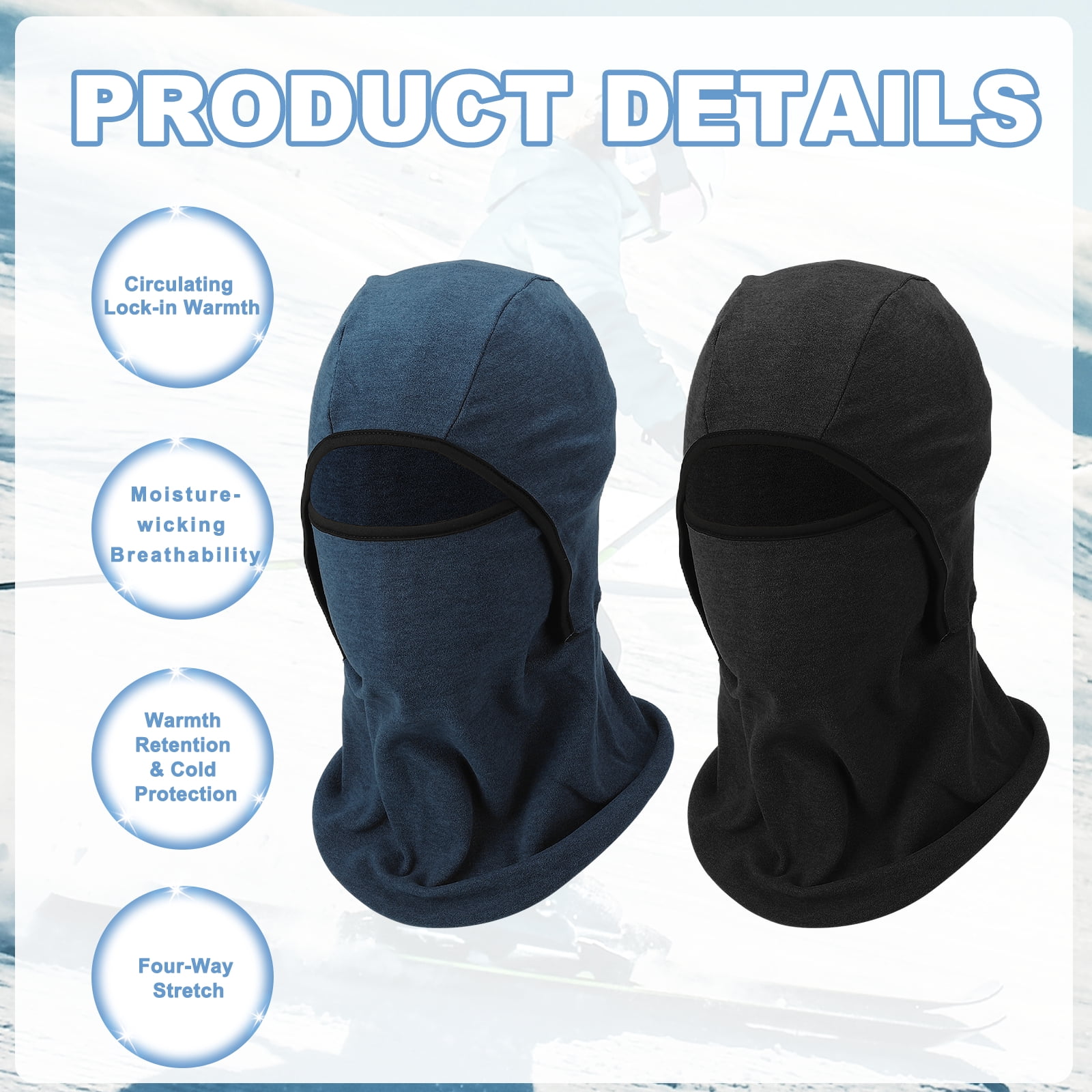 Uxcell Warm Balaclava Ski Mask, Ski Balaclava Winter Mask Full Face Windproof Cold Weather Gear, Polyester& Spandex& 2Pcs& Black/Navy -Fitting for (Men/Women/Outdoor/Skiing/Cycling)