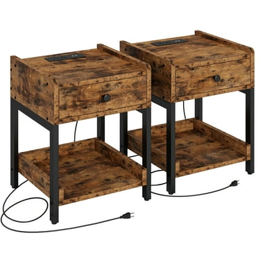 LIKIMIO Nightstand Set of 2 with Charging Station, 1 Wood Drawer & Shelf , for Bedroom, Living Room, Easy Assembly, Vintage Brown